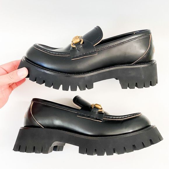Gucci Loafers Lug Sole Chunky Black Leather Horsebit Size 37.5, 7.5 - Picture 7 of 14